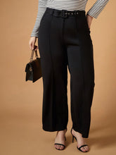 Women Black Belt Detail Straight Pants-SFPANT50938