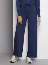 Women Navy Blue Terry Wide Leg Drawstring Pants-SFPANT50959