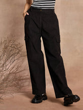 Women Black Corduroy Straight fit Cargo Pants-SFPANT50969
