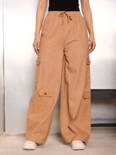 Women Light Brown Twill Drawstring Cargo Pants-SFPANT51240