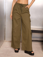 Women Olive Twill Drawstring Cargo Pants-SFPANT51242