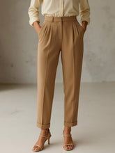 Women Beige Cross Pocket Bottom Fold Straight Pants-SFPANT51289