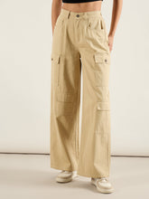 Women Beige Twill Multi Pocket Wide Leg Cargo Pants-SFPANT51292