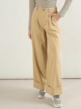 Women Beige Twill Inverted Hem Wide Leg Pants-SFPANT51297