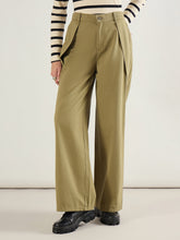 Women Olive Twill Inverted Pleat Wide Leg Pants-SFPANT51299