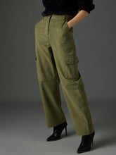 Women Olive Corduroy Straight Fit Cargo Pants-SFPANT51316