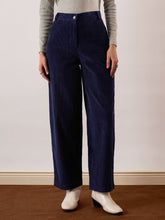 Women Navy Blue Corduroy Straight Fit Pants-SFPANT51321