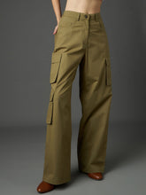 Women Olive Twill Box Pocket Straight Cargo Pants-SFPANT51331