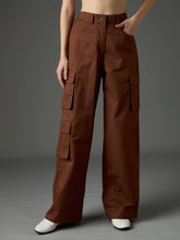Women Brown Twill Box Pocket Straight Cargo Pants-SFPANT51332