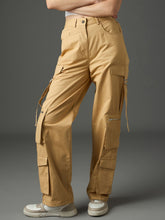 Women Beige Twill Zipper Pocket Cargo Straight Pants-SFPANT51333