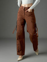 Women Brown Twill Zipper Pocket Cargo Straight Pants-SFPANT51334