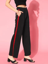 Women Black Scuba Wide Side Tape Pants