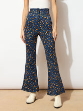 Women Navy Cheetah Scuba Bell Bottom Pants-SFPANT5687