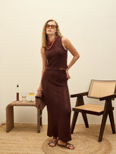 Women Brown Crochet Round Neck Top With Straight Skirt-SFSETS42290-35019