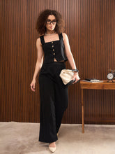 Women Black Button Down Top With Elasticated Pants-SFSETS42316-51211