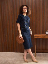 Women Navy Twill Double Breast Top With Short Skirt-SFSETS42319-35025
