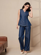 Women Blue Tencel Vest Top With Pants-SFSETS96014
