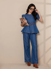 Women Blue Tencel Peplum Top With Straight Pants-SFSETS96016