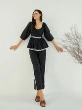Women Black Ric Rac Lace Peplum Top With Pants-SFSETS96018
