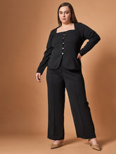 Women Black Front Button Top With Straight Pants-SFSETS96026
