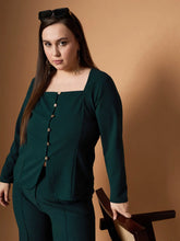 Women Emerald Green Front Button Top With Straight Pants-SFSETS96027