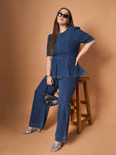 Women Navy Wash Denim Peplum Top With Straight Pants-SFSETS96030