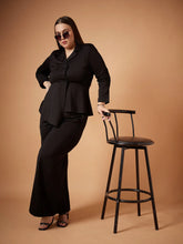 Women Black Ruched Sleeves Blazer With Straight Pants-SFSETS96032