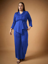 Women Royal Blue Ruched Blazer With Straight Pants-SFSETS96033