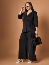 Women Black Knotted Wrap Top With Straight Pants-SFSETS96036
