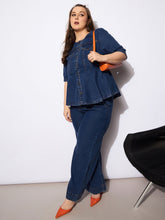 Women Navy Denim Studded Peplum Top With Jeans-SFSETS96132