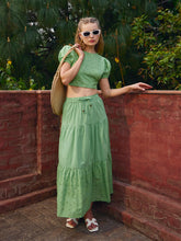 Women Green Schiffli Crop Top With Flared Skirt-SFSETS96236