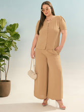 Women Beige Button Down Top With Straight Pants-SFSETS96366