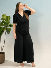 Women Black Button Down Top with Straight Pants-SFSETS96367