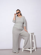 Women Grey Rib Straight Pants With V Neck Top-SFSETS96371