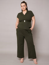 Women Olive Front Buckle Top With Straight Pants-SFSETS96406