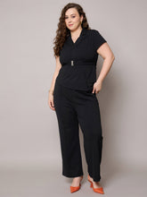 Women Black Front Buckle Top With Straight Pants-SFSETS96407
