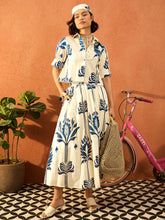 Women Blue & Off White Floral Shirt With Gathered Skirt-SFSETS96414