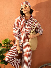 Women Dark Brown & White Stripe Shirt With Straight Pants-SFSETS96418