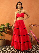 Women Red Ric Rac Lace Bustier Top With Tiered Skirt-SFSETS96420