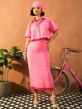 Women Pink Crop Shirt With Ruched Skirt-SFSETS96424