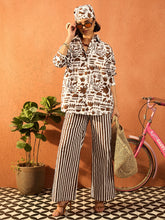 Women Brown & White Quirky Shirt With Straight Pants-SFSETS96426