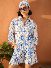 Women Blue & White Floral Oversized Shirt With Shorts-SFSETS96429