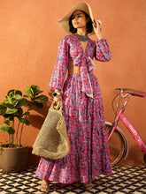 Women Pink Paisley Wrap Neck Top With Skirt-SFSETS96430