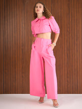 Women Pink Poplin Peterpan Collar Top With Flared Pants-SFSETS96434