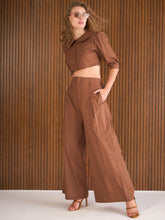 Women Brown Poplin Peterpan Collar Top With Flared Pants-SFSETS96437