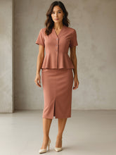 Women Rust Peplum Top With Midi Slit Skirt-SFSETS96480