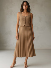 Women Dark Beige Sleeveless Waistcoat With Midi Skirt-SFSETS96485
