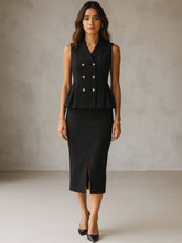 Women Black Sleeveless Notched Button Top With Skirt-SFSETS96486