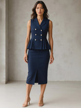 Women Blue Sleeveless Notched Button Top With Skirt-SFSETS96487
