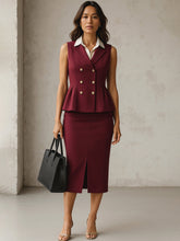 Women Burgundy Sleeveless Notched Button Top With Skirt-SFSETS96488